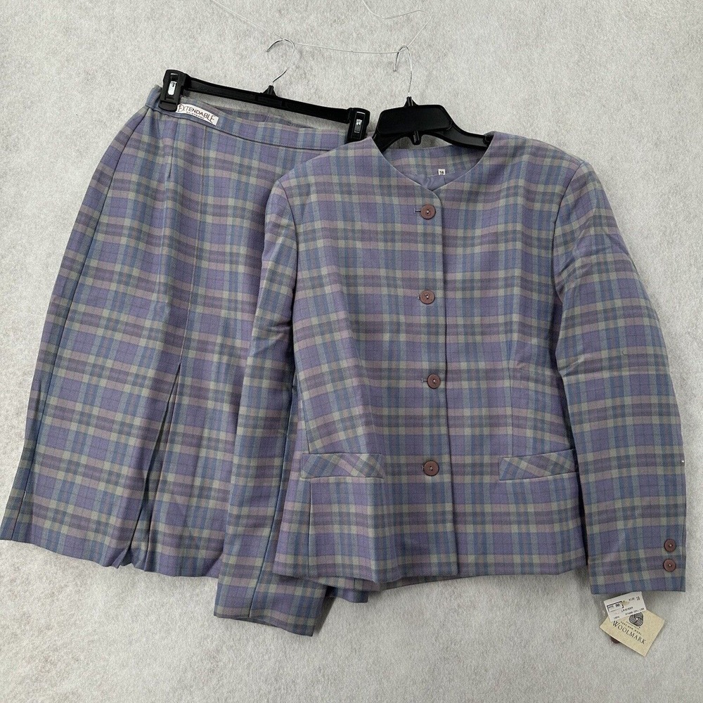 NWT Dunedin Wool Skirt Suit‎ Size 10 Lavendar Purple Plaid Woolmark Midi READ